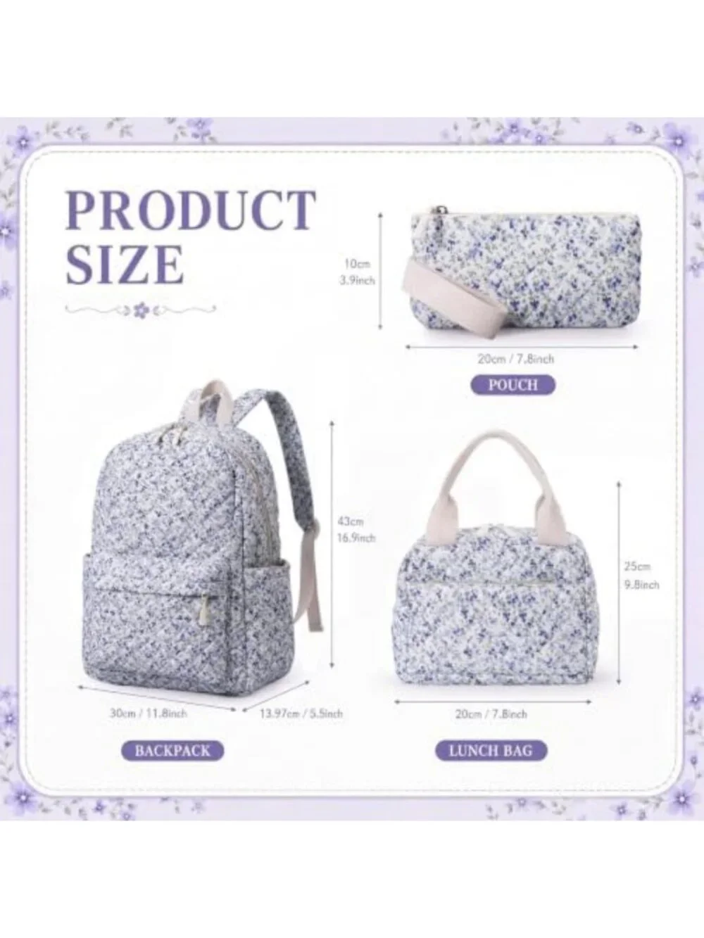 Floral Dark Blue Quilted Backpack Set - 3 Stylish Bags for School & Travel